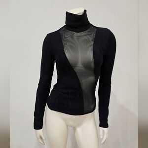 Sassofono Black Fitted Long Sleeve Turtleneck Embossed Logo Mesh Sheer